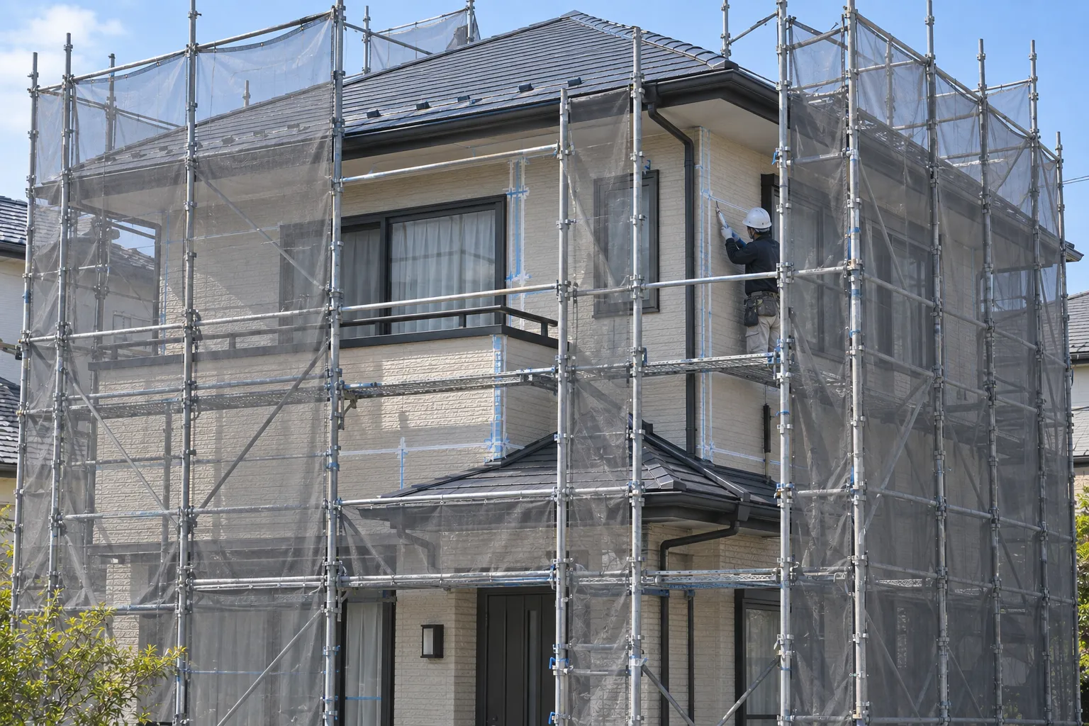 足場上で外壁目地を補修する住宅イメージ