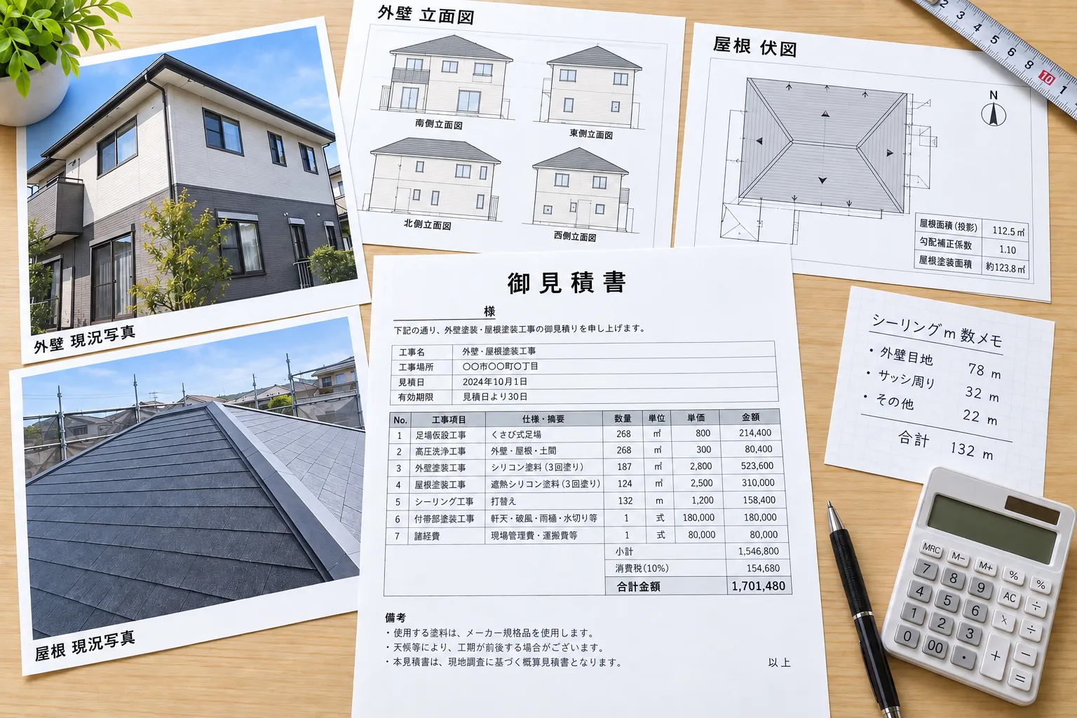 外壁と屋根の見積書、図面、現況写真、数量メモ