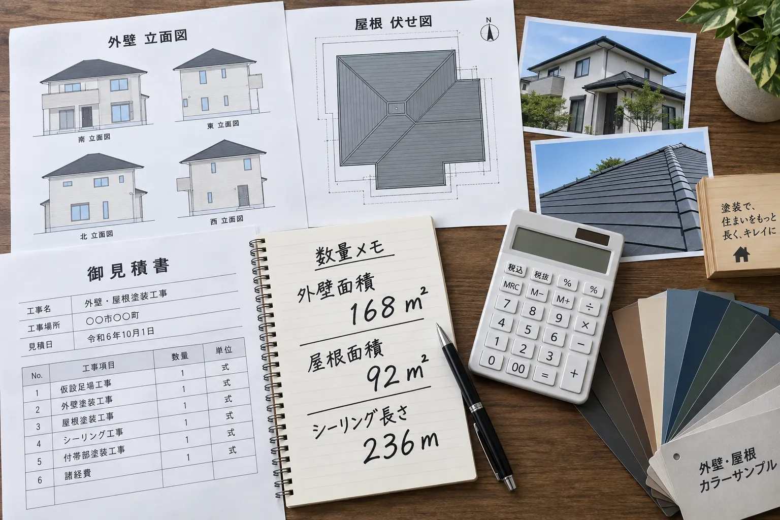 外壁と屋根の図面、見積書、数量メモ、色見本