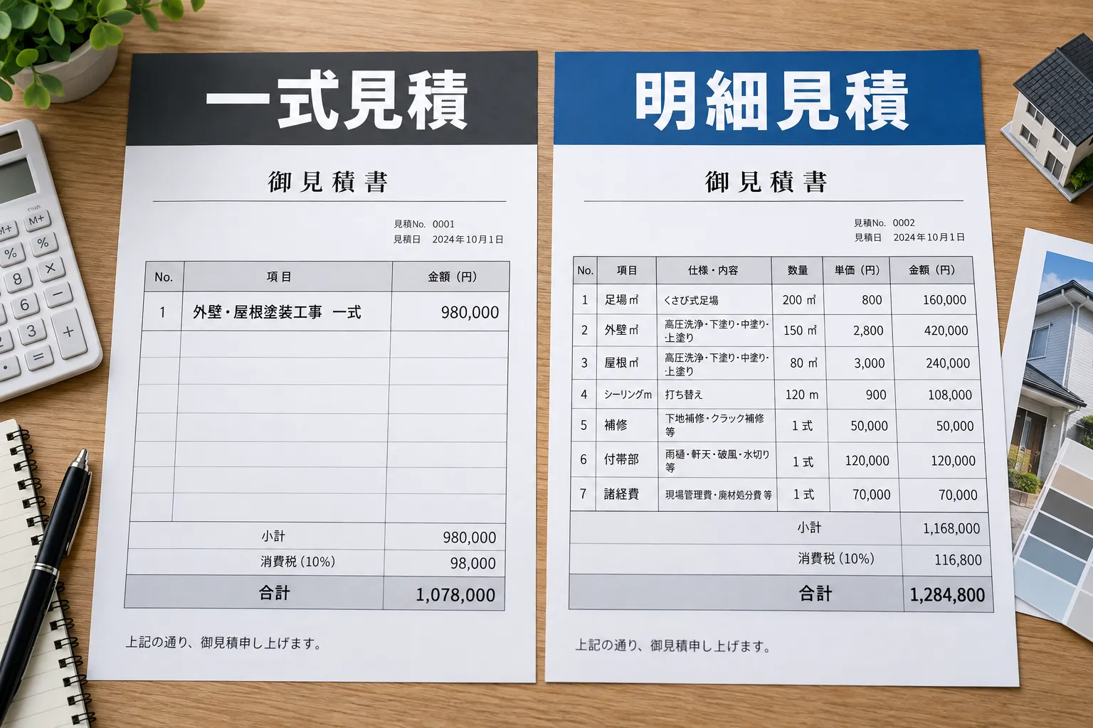 外壁・屋根塗装の一式見積りと明細見積りの比較