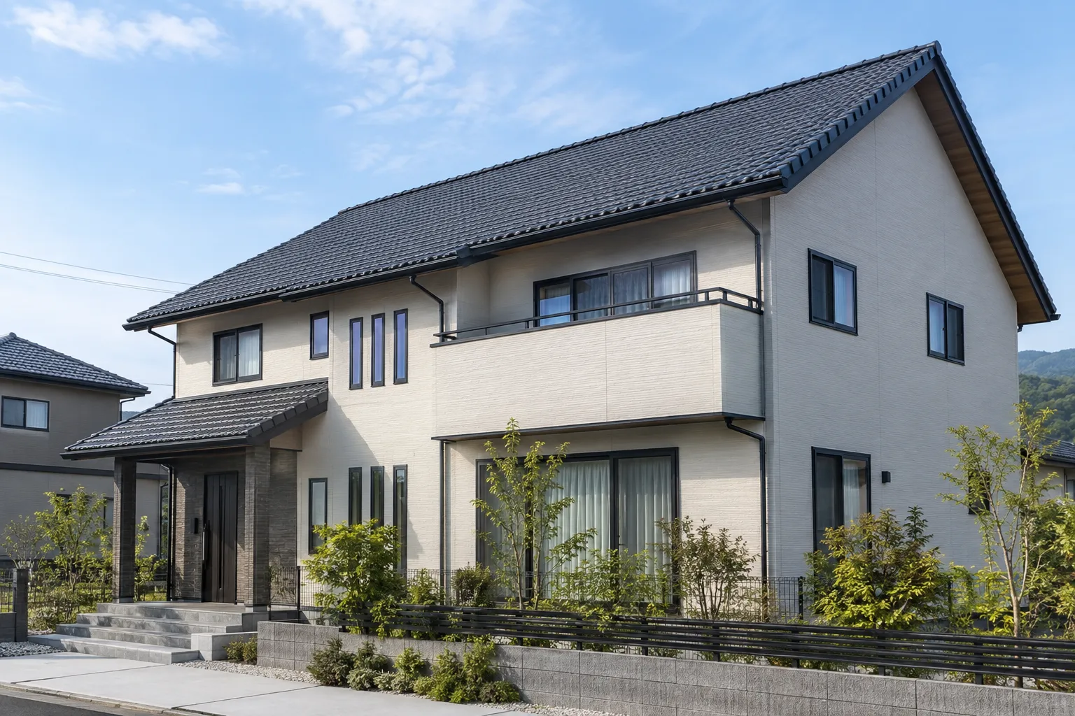 外壁と急勾配屋根の面積が大きい住宅