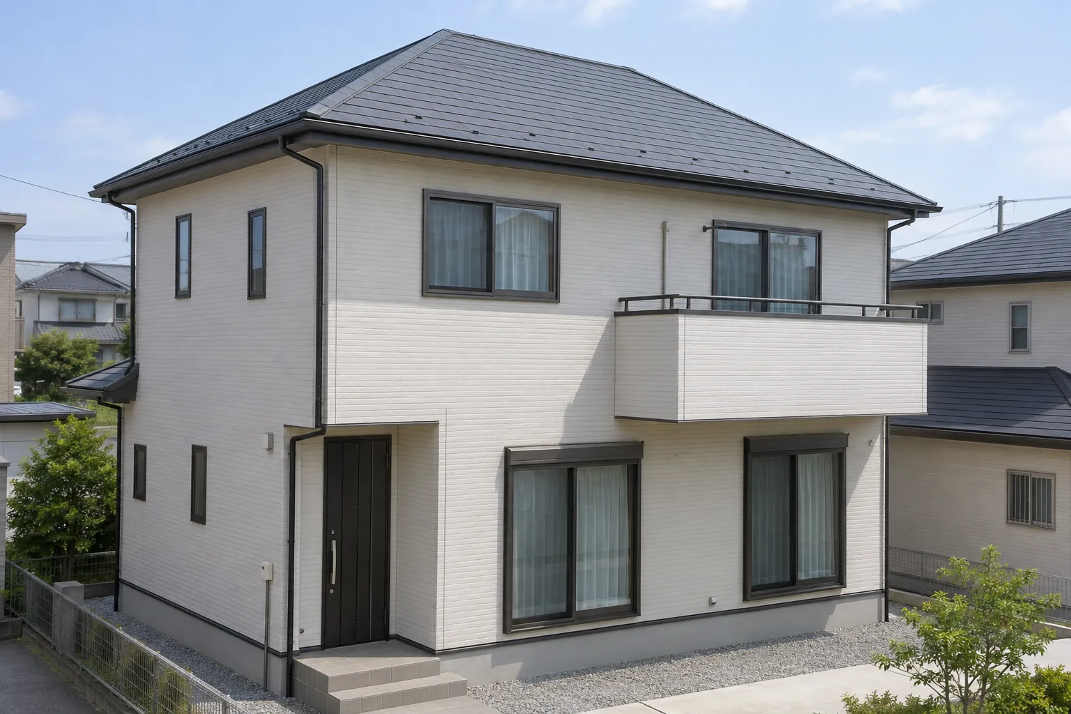 外壁と屋根がシンプルな二階建て住宅