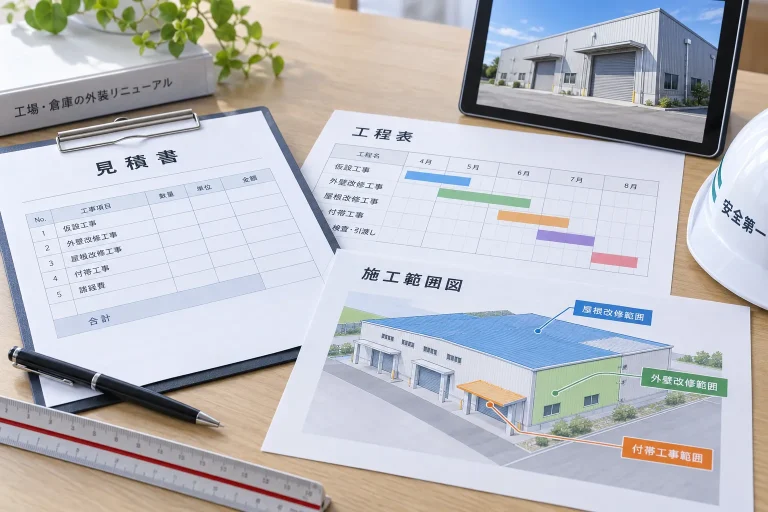工場の施工範囲図・見積書・工程表の説明イメージ