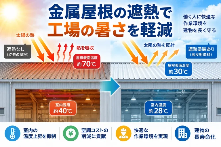 金属屋根の遮熱仕上げと太陽光の反射を示す概念図