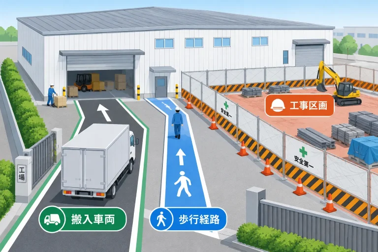 搬入車両・歩行経路・工事区画を分ける説明図