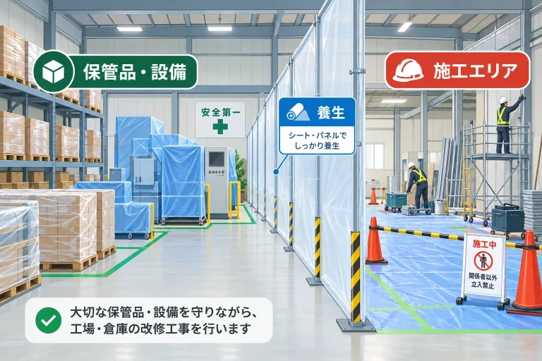 保管品・設備と施工区画を分ける養生イメージ