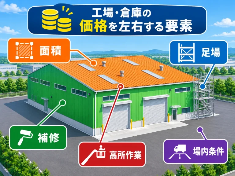 工場・倉庫の工事費用に関わる条件を示す図解