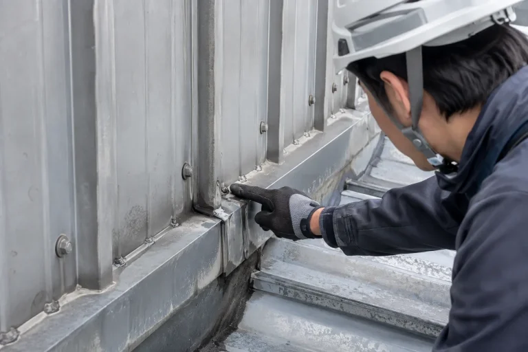 工場屋根のボルトや取合いを確認する調査イメージ