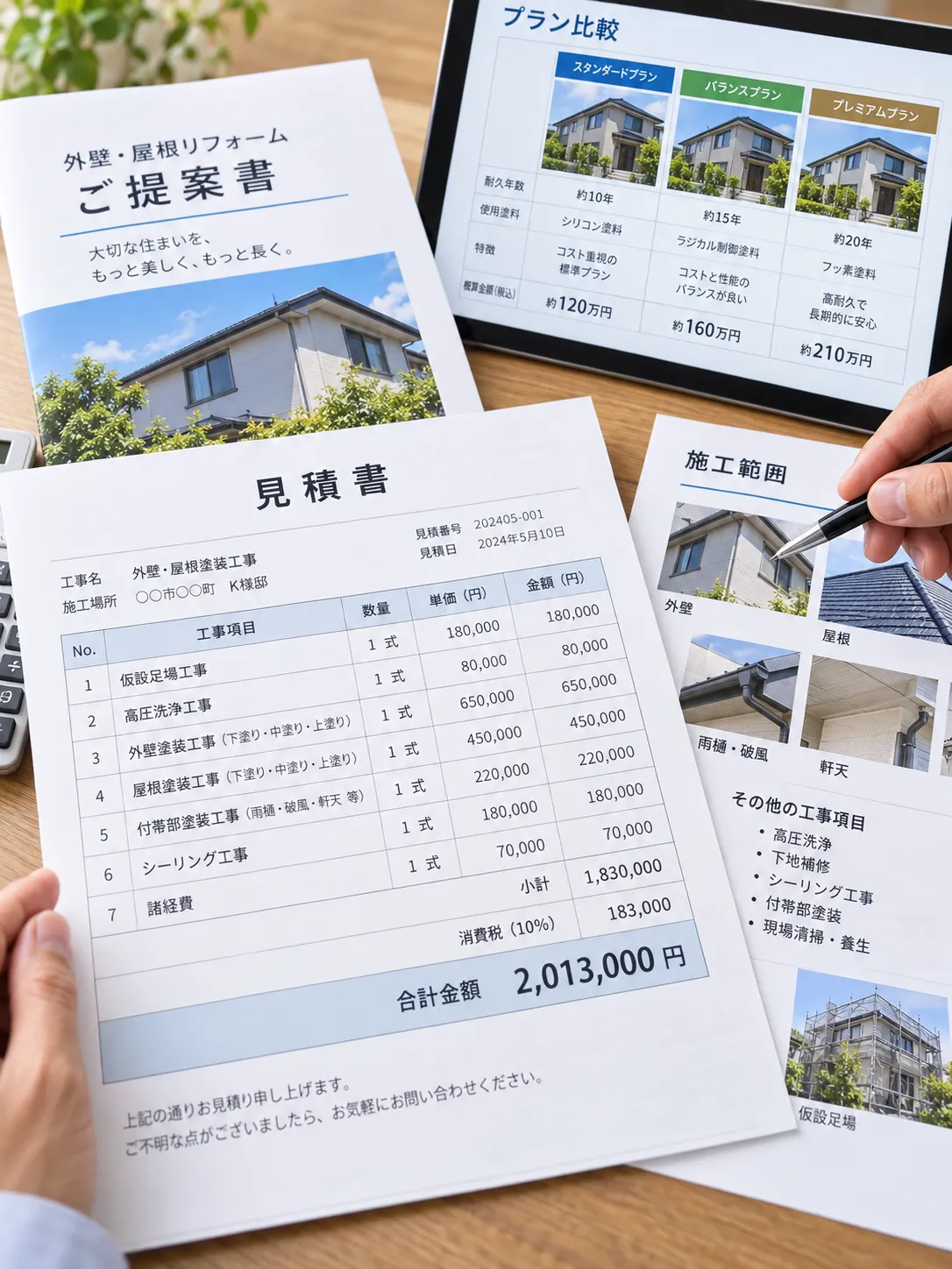 外壁と屋根リフォームの見積書と提案資料