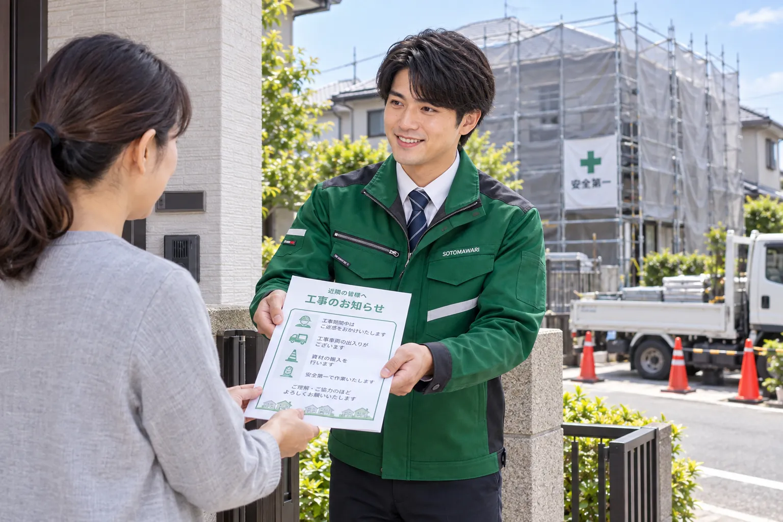 近隣へのご挨拶と工事案内を行う場面