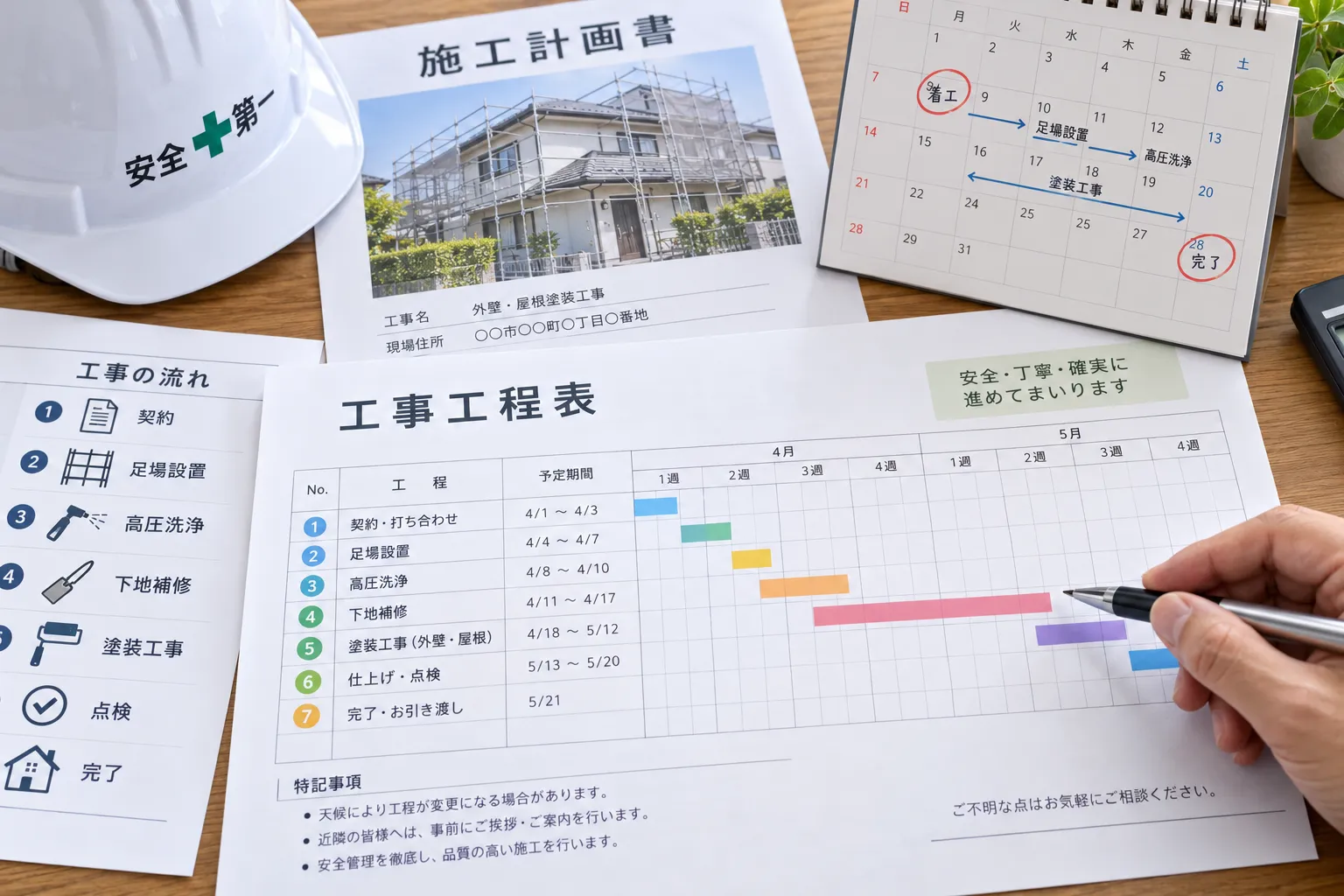 工事の開始日と工程を確認する場面