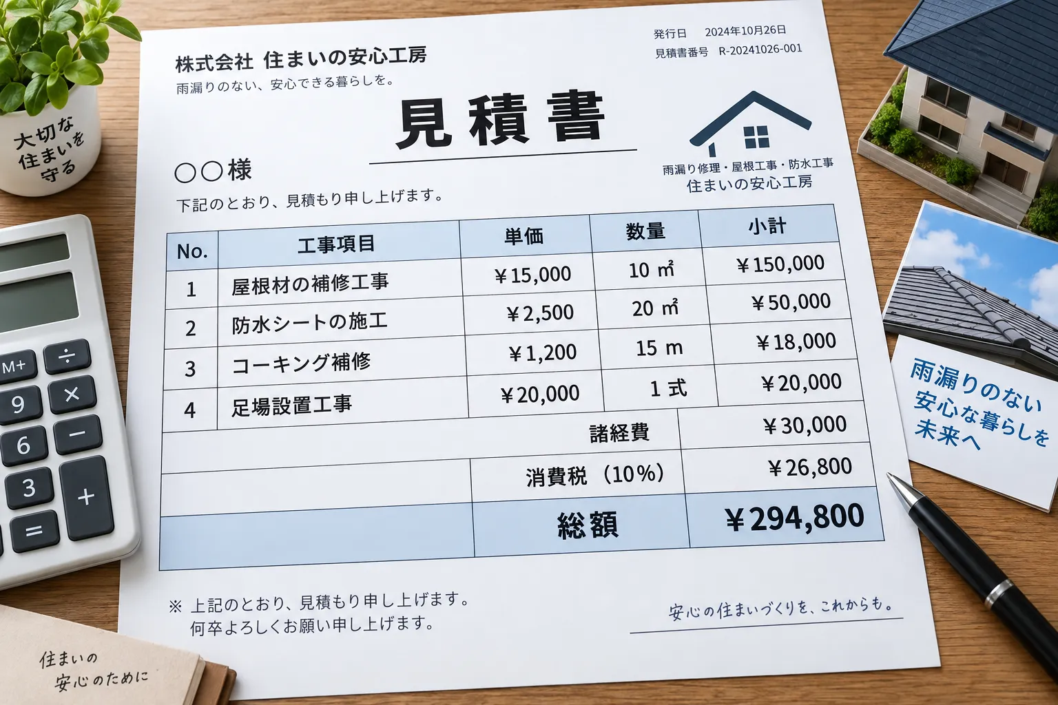 数量を入れた雨漏り修理のモデル見積り
