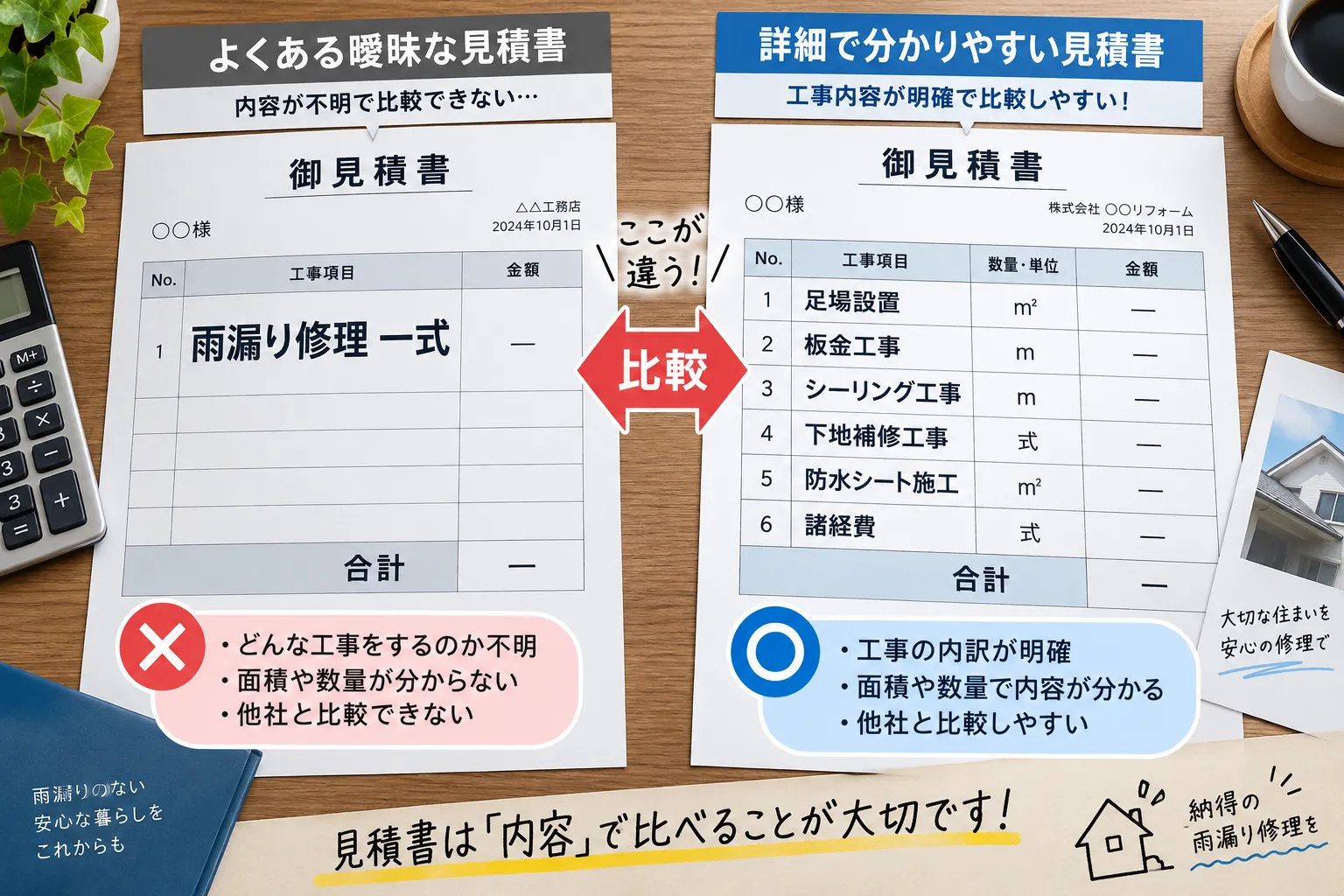 雨漏り修理見積りの内訳比較