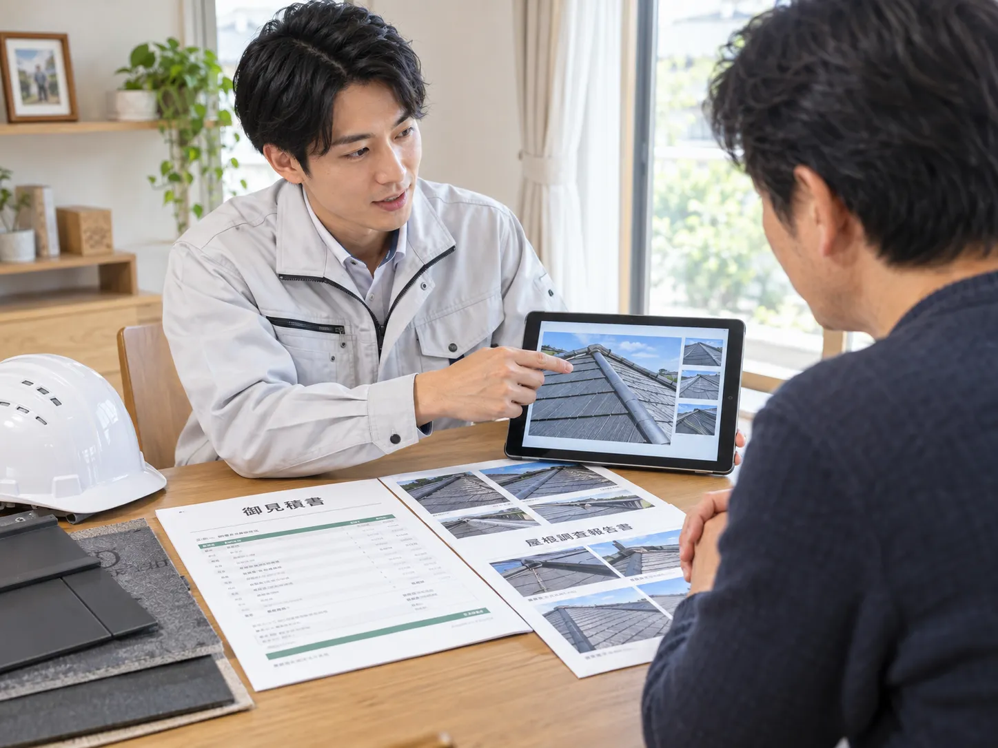 屋根写真と施工内容を説明する様子