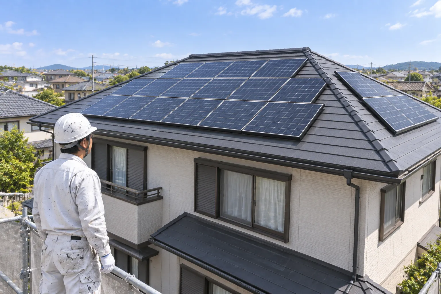 屋根の太陽光発電設備まわりを確認する様子