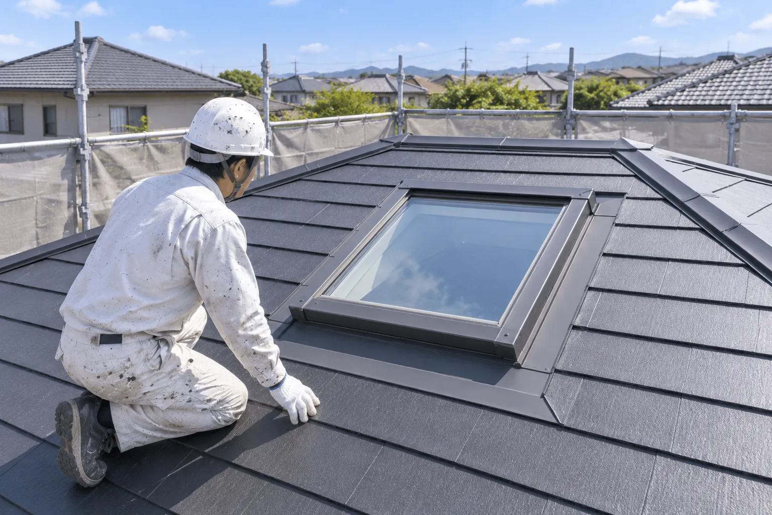 天窓がある屋根の防水を確認する様子