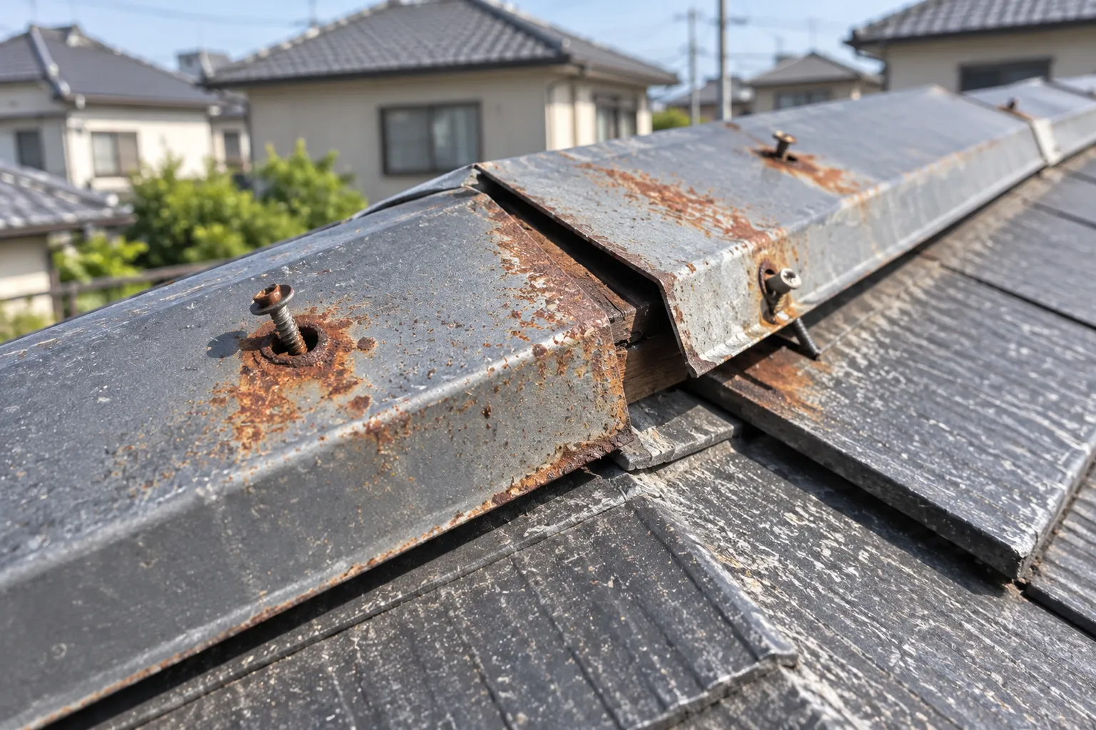 棟板金など屋根の金属部を確認する様子