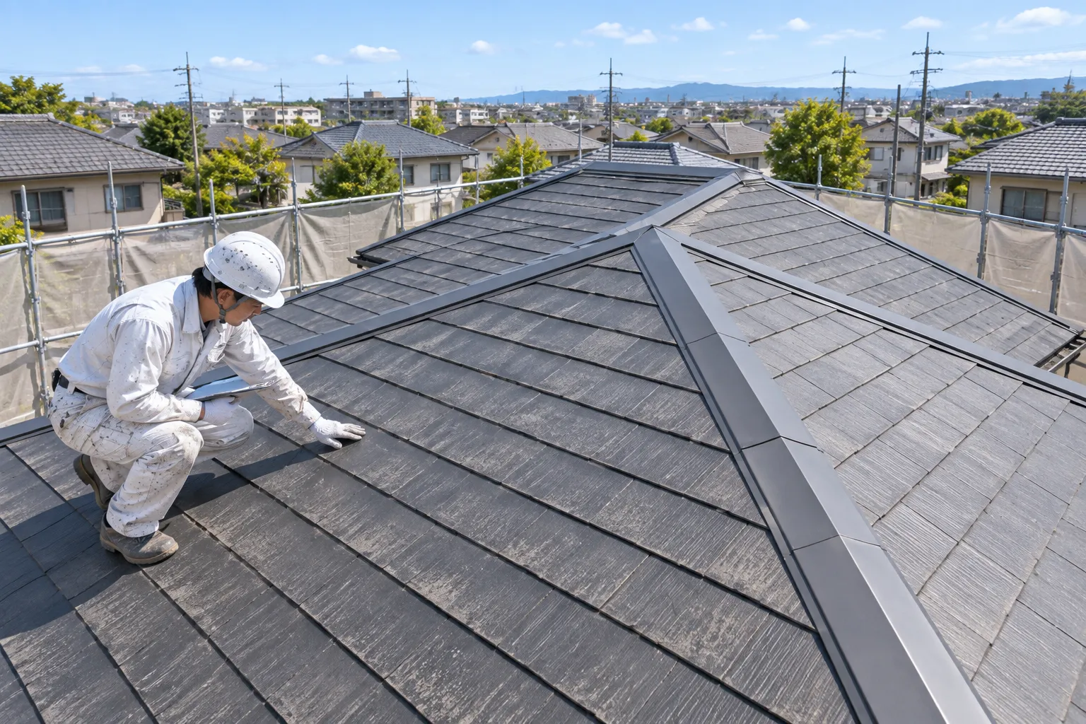 屋根材と既存塗膜の状態を調査する様子