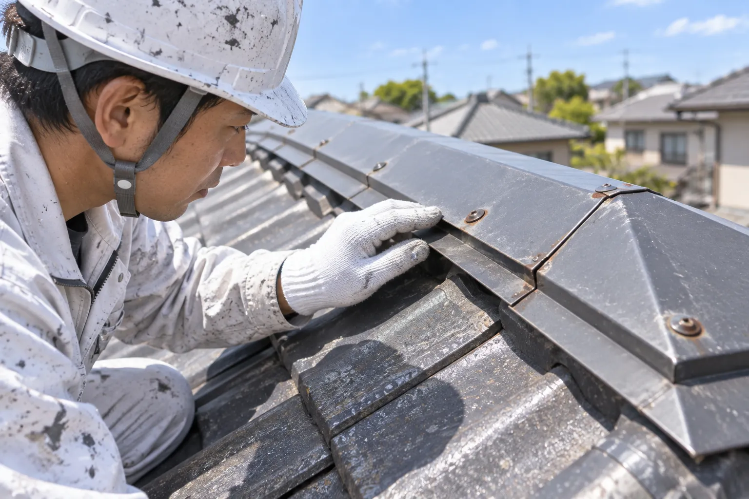 棟板金と固定部を調査する様子