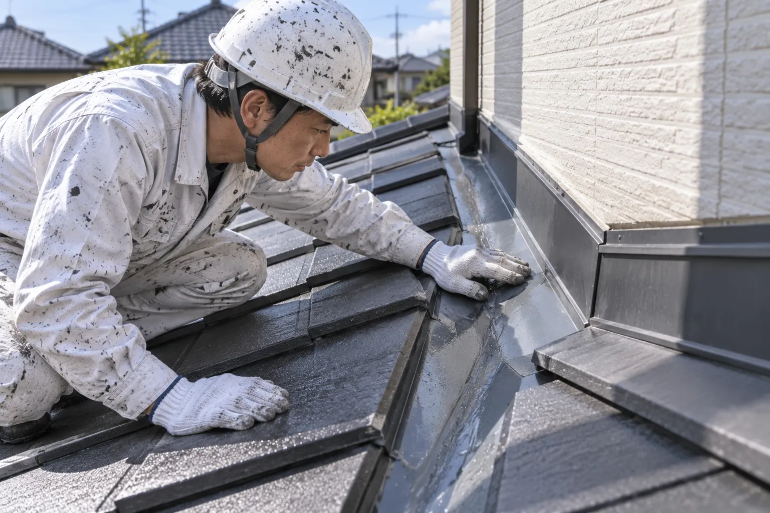 谷や壁際の雨水が集まる箇所を調査する様子