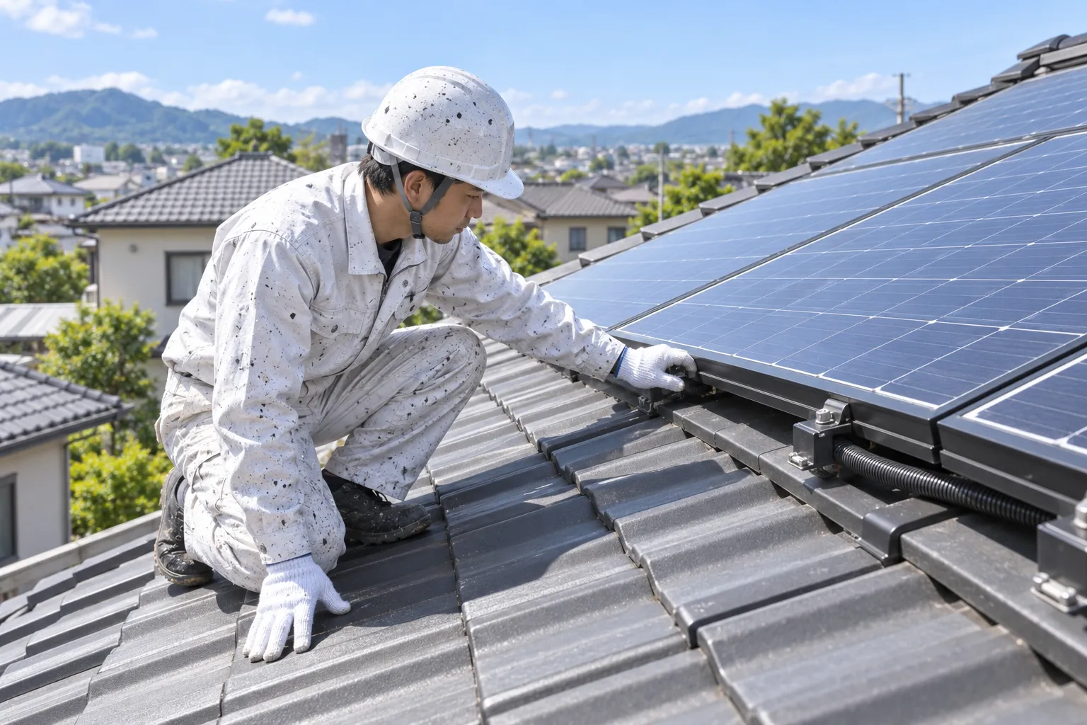 太陽光発電や天窓まわりを調査する様子