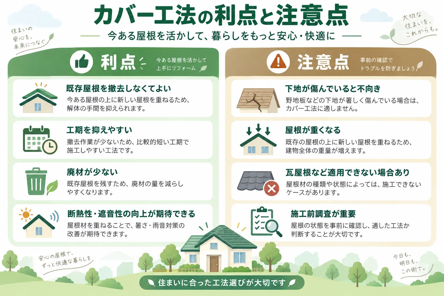 屋根カバー工法のメリットと注意点を示す図