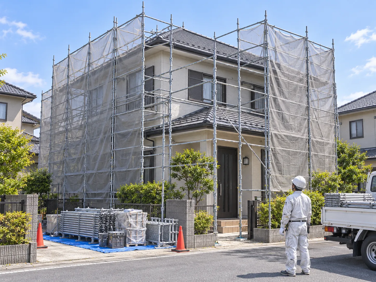 屋根カバー工法で足場と安全設備を準備する様子