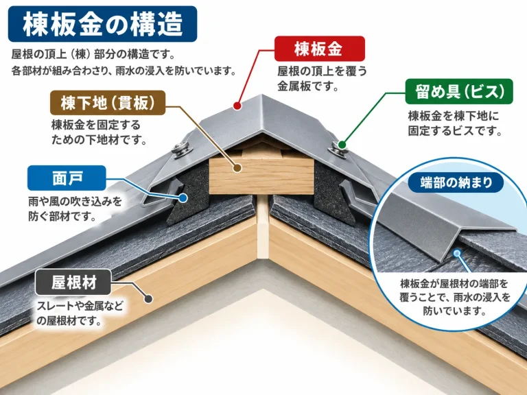 棟板金・棟下地・留め具の構造図