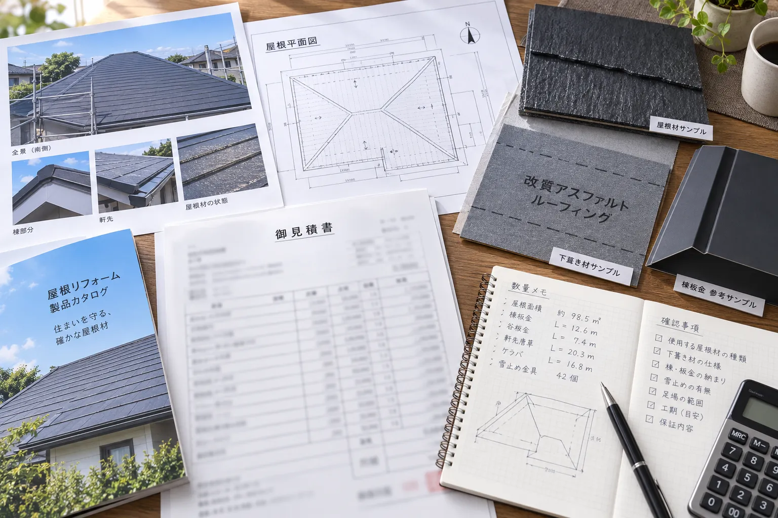 屋根写真・平面図・見積書・屋根材と防水材の資料を確認する机上