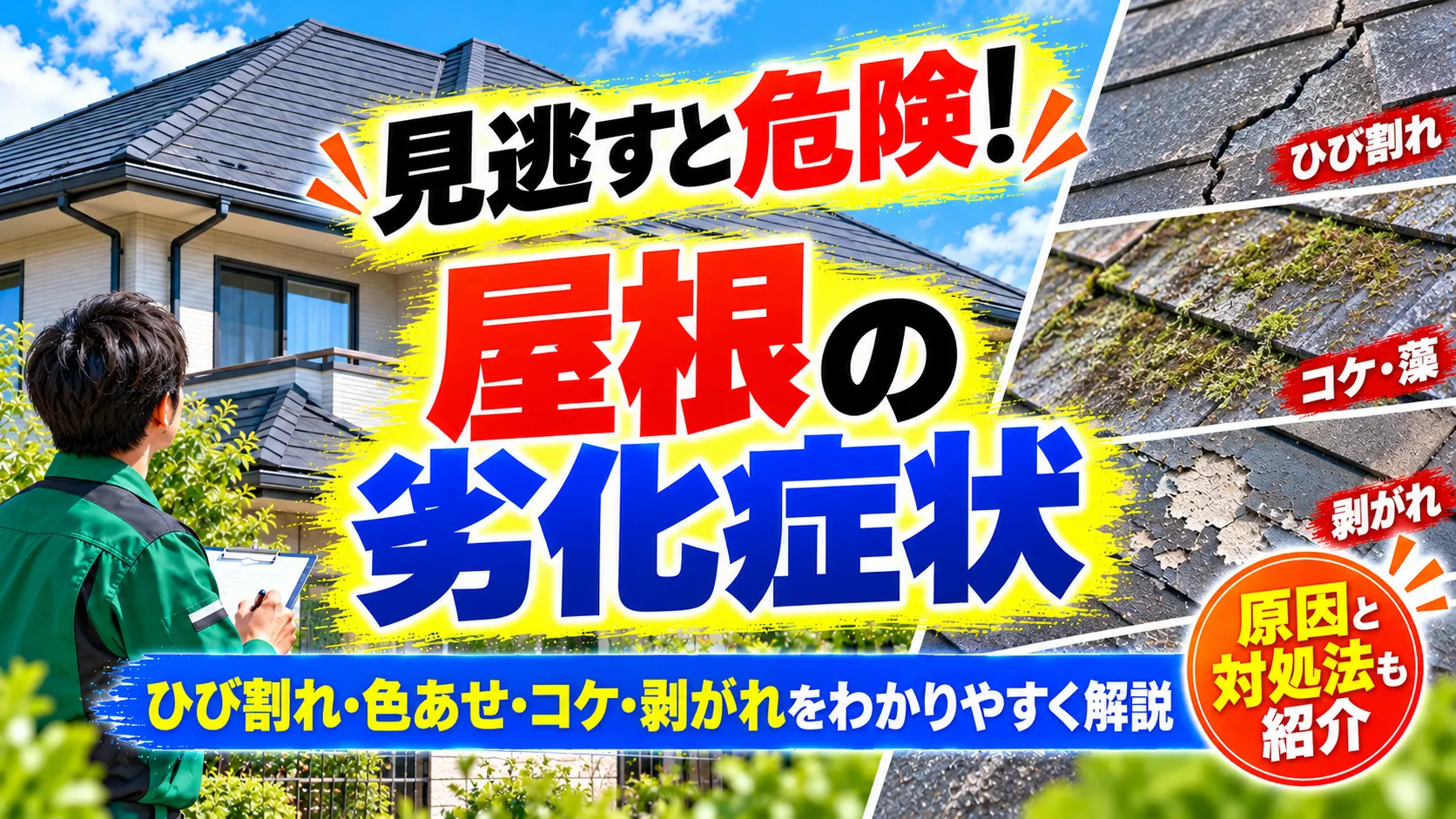屋根のひび割れ・色あせ・コケ・剥がれなどの劣化症状を解説する案内バナー