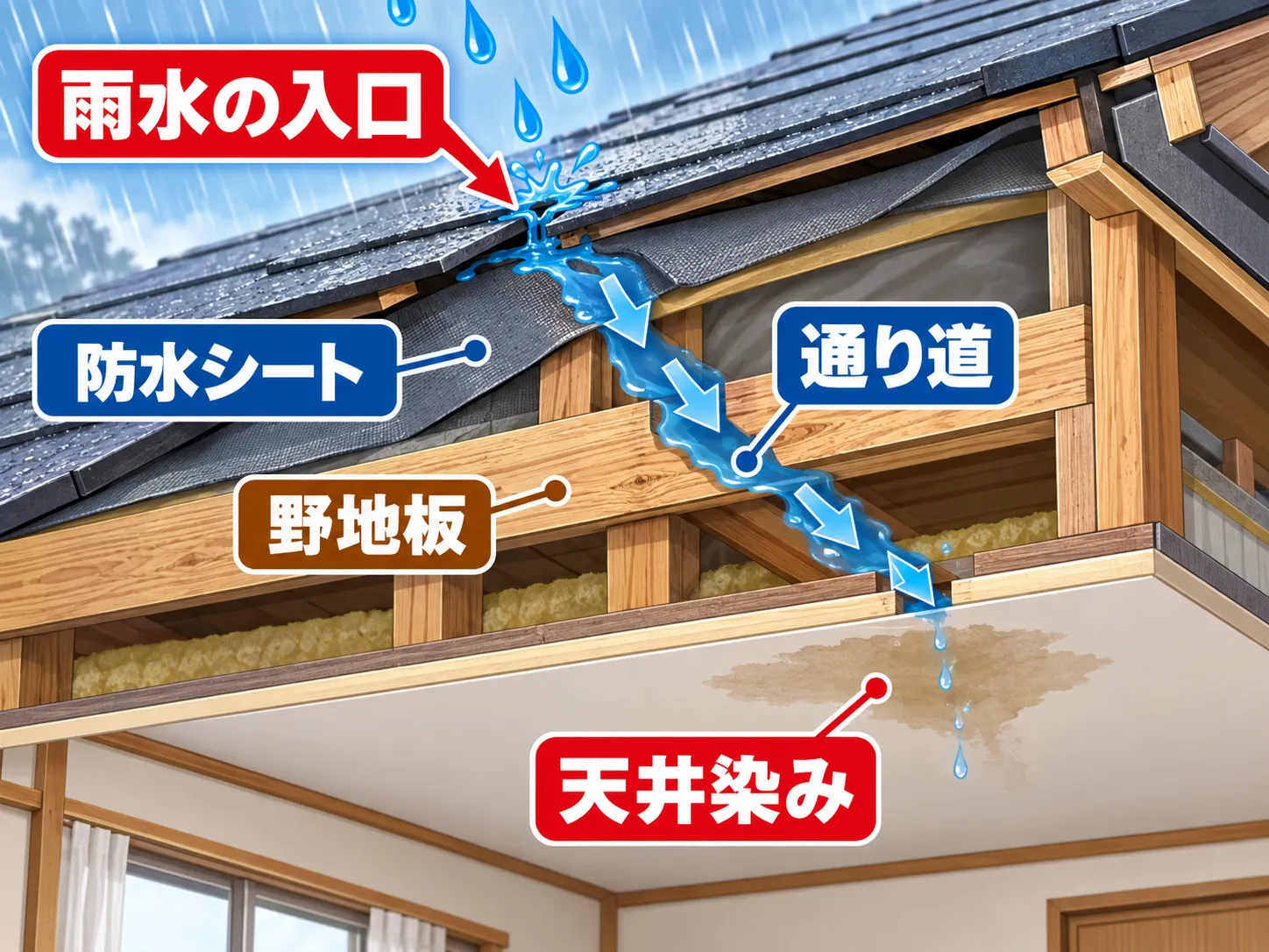 屋根から防水シートと野地板を通って天井染みへ至る雨水経路の図