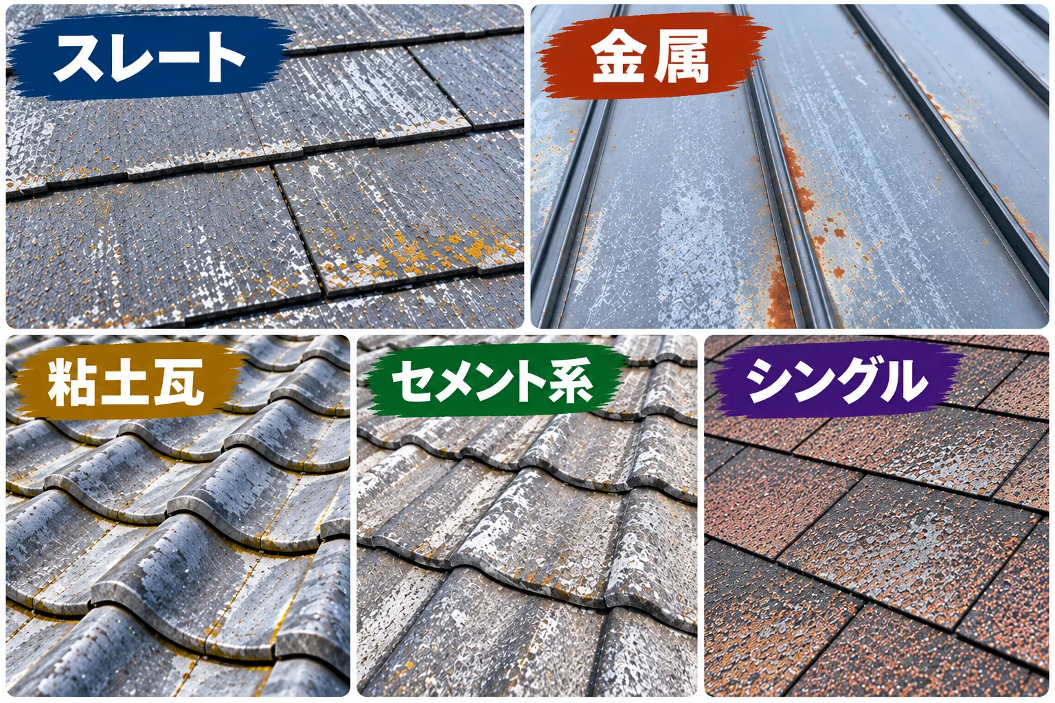 スレート・金属・粘土瓦・セメント系・シングルの屋根材別症状