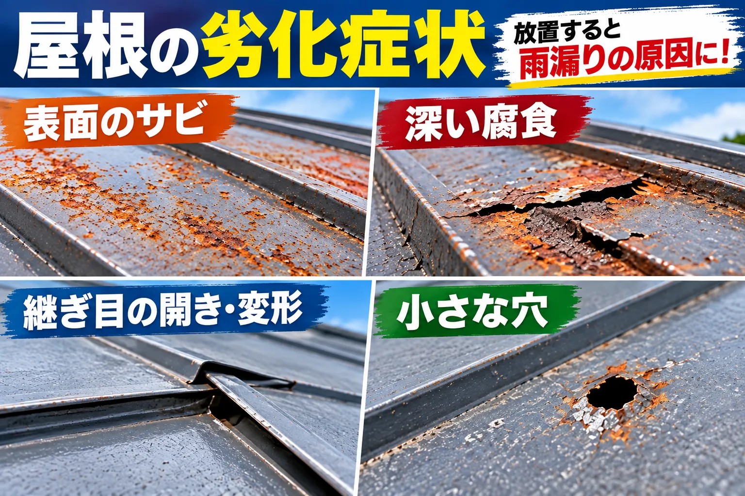 金属屋根の表面錆・深い腐食・変形・穴あき