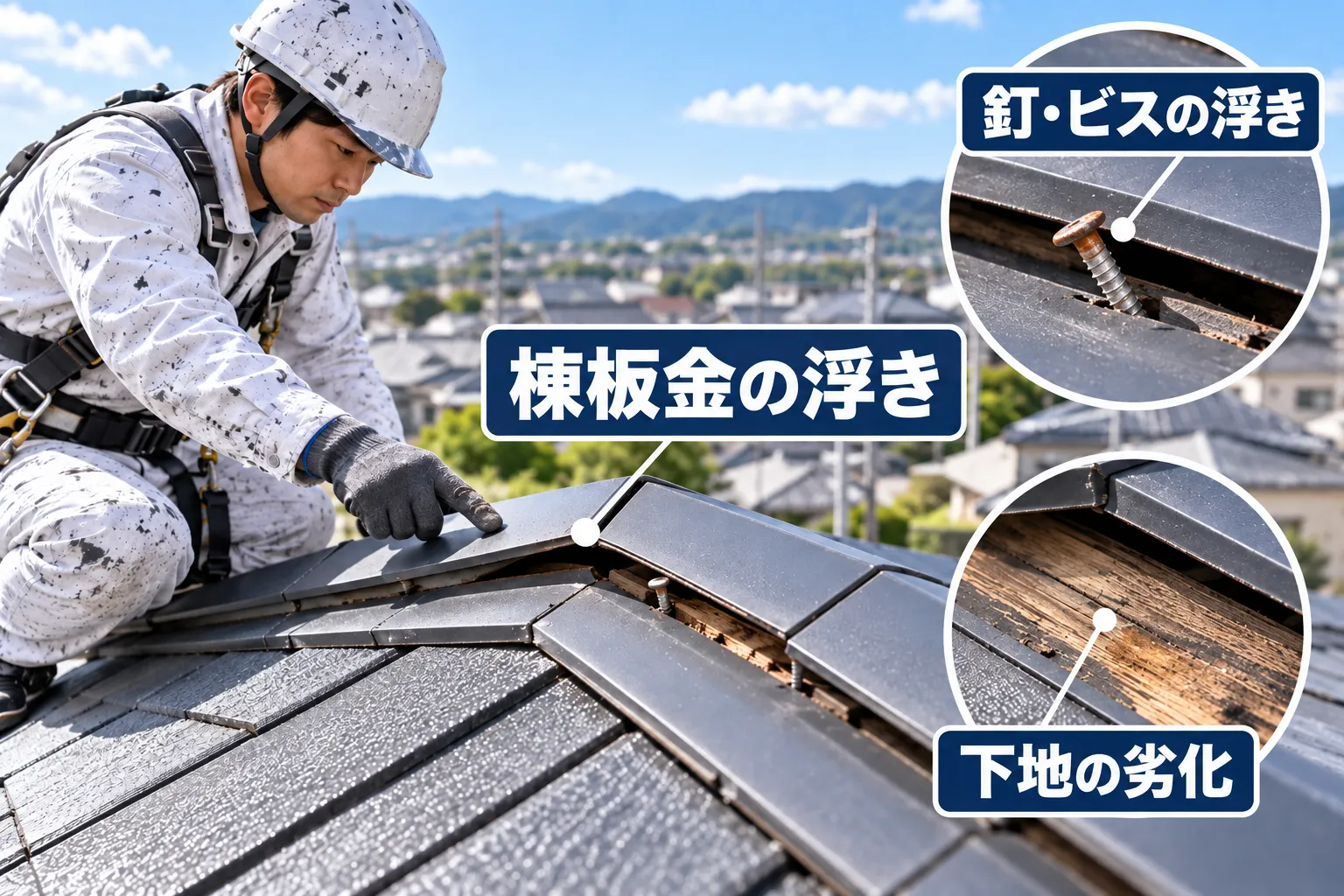 棟板金の浮き・釘抜け・下地を確認する様子