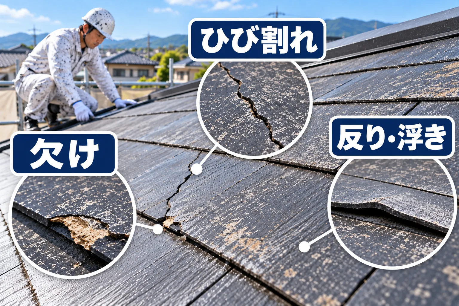 スレート屋根の割れ・欠け・反りを確認する様子