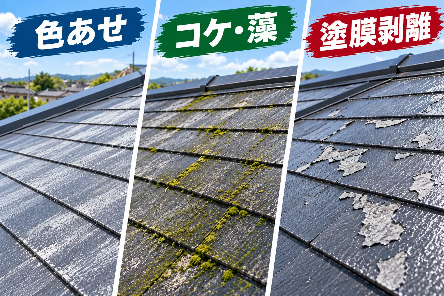 屋根表面の色あせ・コケ・塗膜剥離の違い