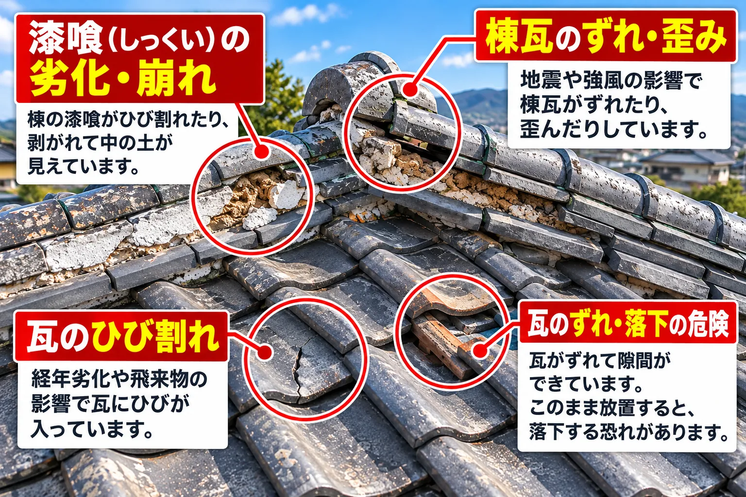 瓦屋根の割れ・ズレ・棟の乱れ・漆喰の崩れ