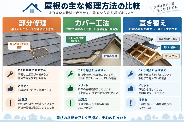 部分修理・屋根カバー・葺き替えの比較