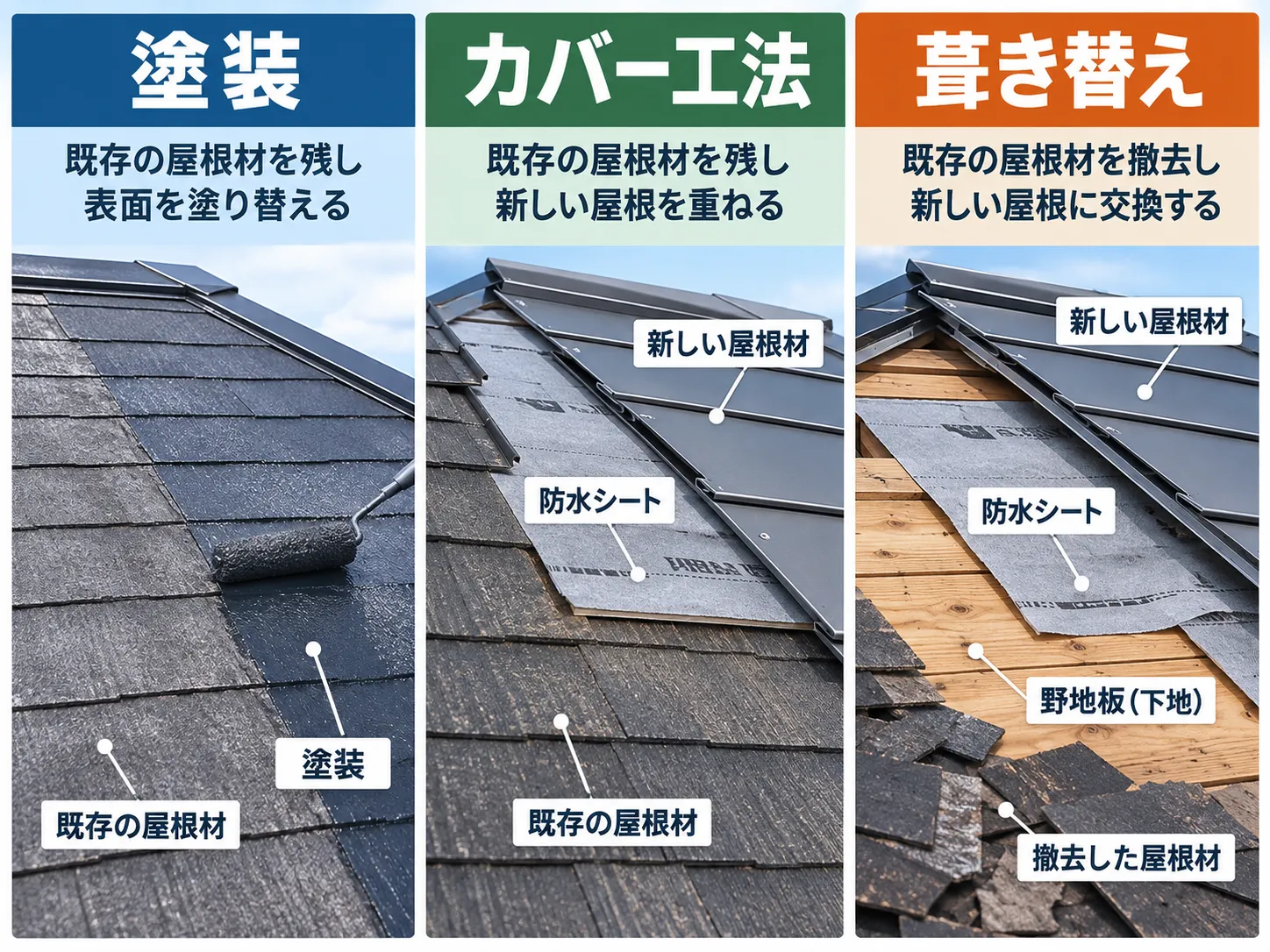 塗装・カバー工法・葺き替えで残す屋根と更新する部分の比較