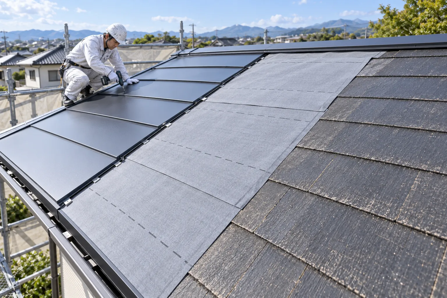 既存スレートを残し、新しい防水シートと金属屋根を施工するカバー工法