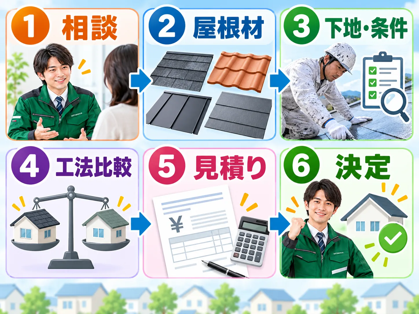 相談・屋根材と下地の調査・工法比較・見積り・決定までの流れ