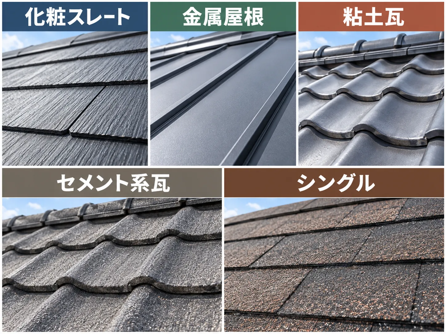 化粧スレート・金属・粘土瓦・セメント系瓦・シングルの屋根材比較
