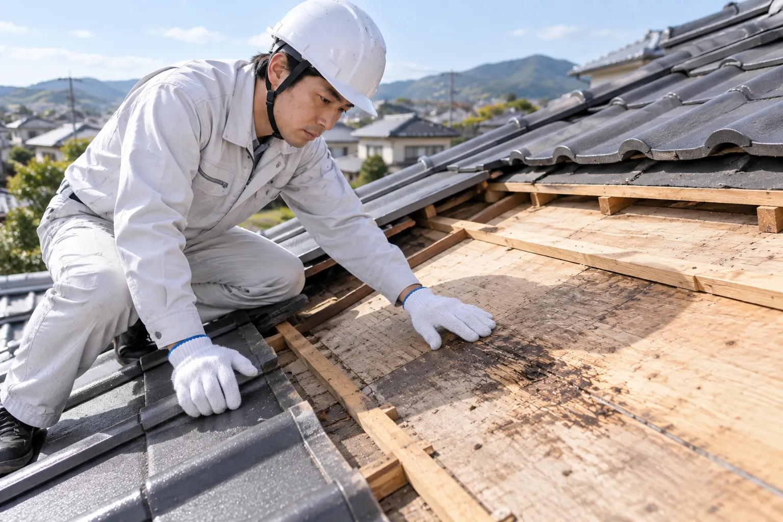 屋根材を撤去した範囲で野地板と下地の状態を点検する葺き替え工事