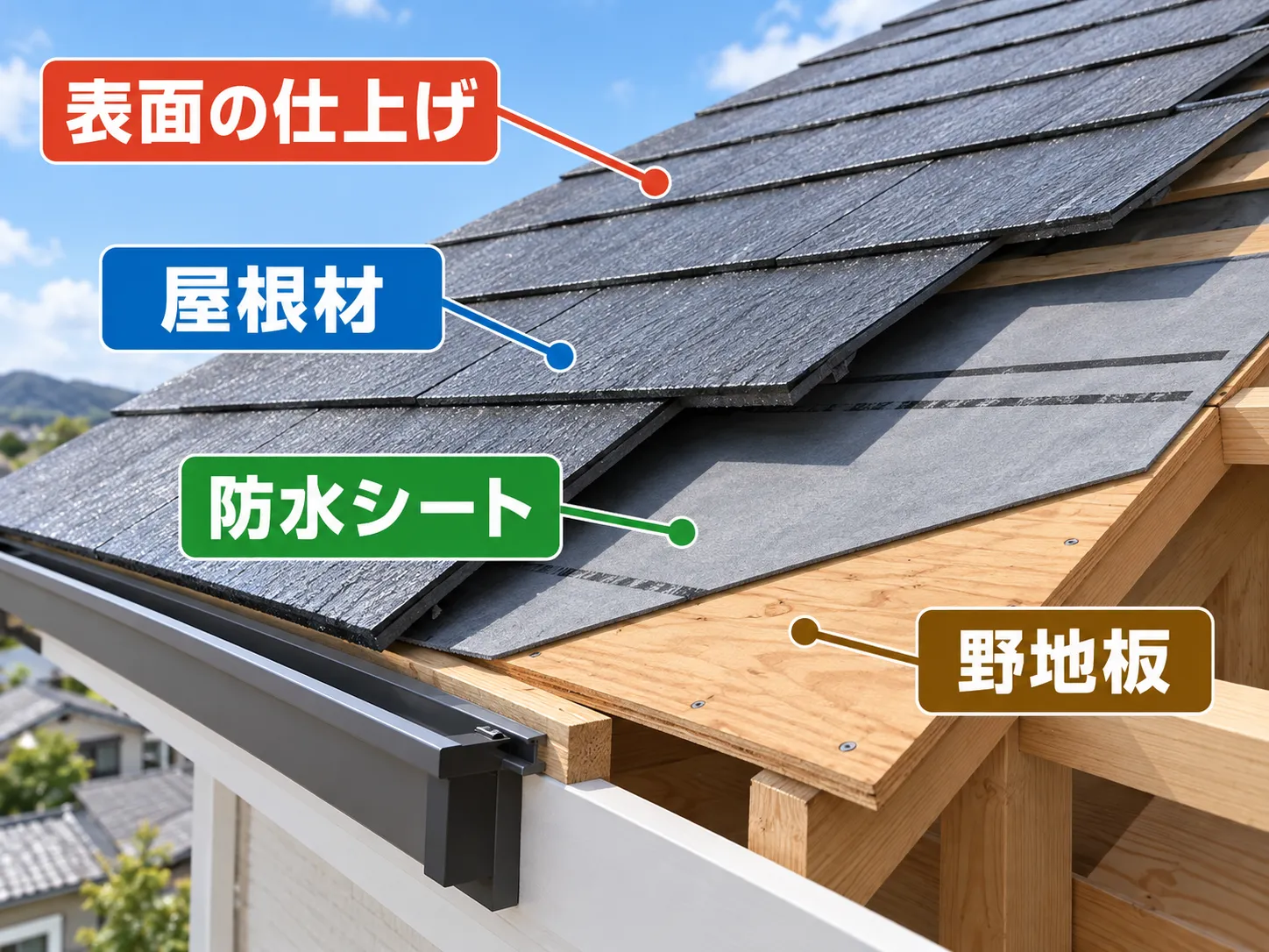 屋根の表面仕上げ・屋根材・防水シート・野地板の位置関係