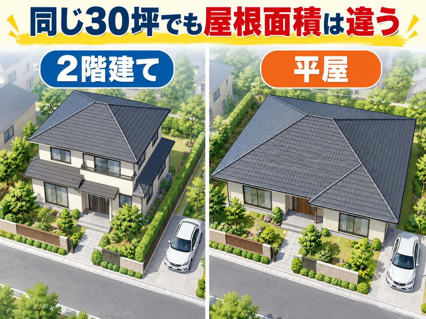 同じ延床30坪でも屋根面積が異なる二階建てと平屋の比較