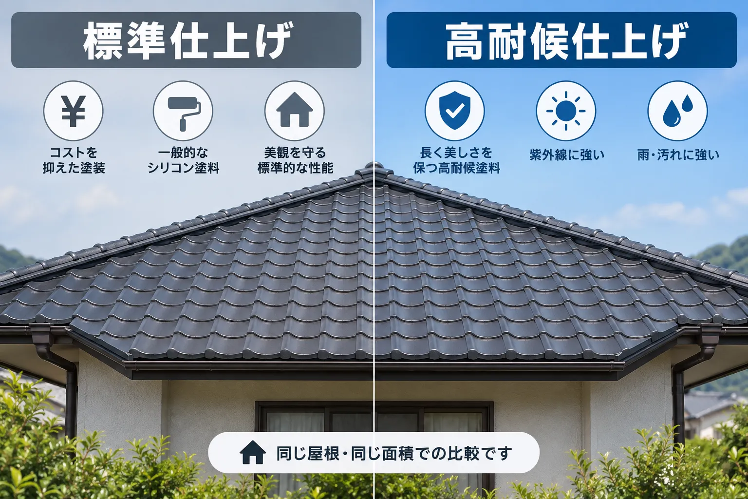 同じ屋根の標準仕上げと高耐候仕上げの比較イメージ