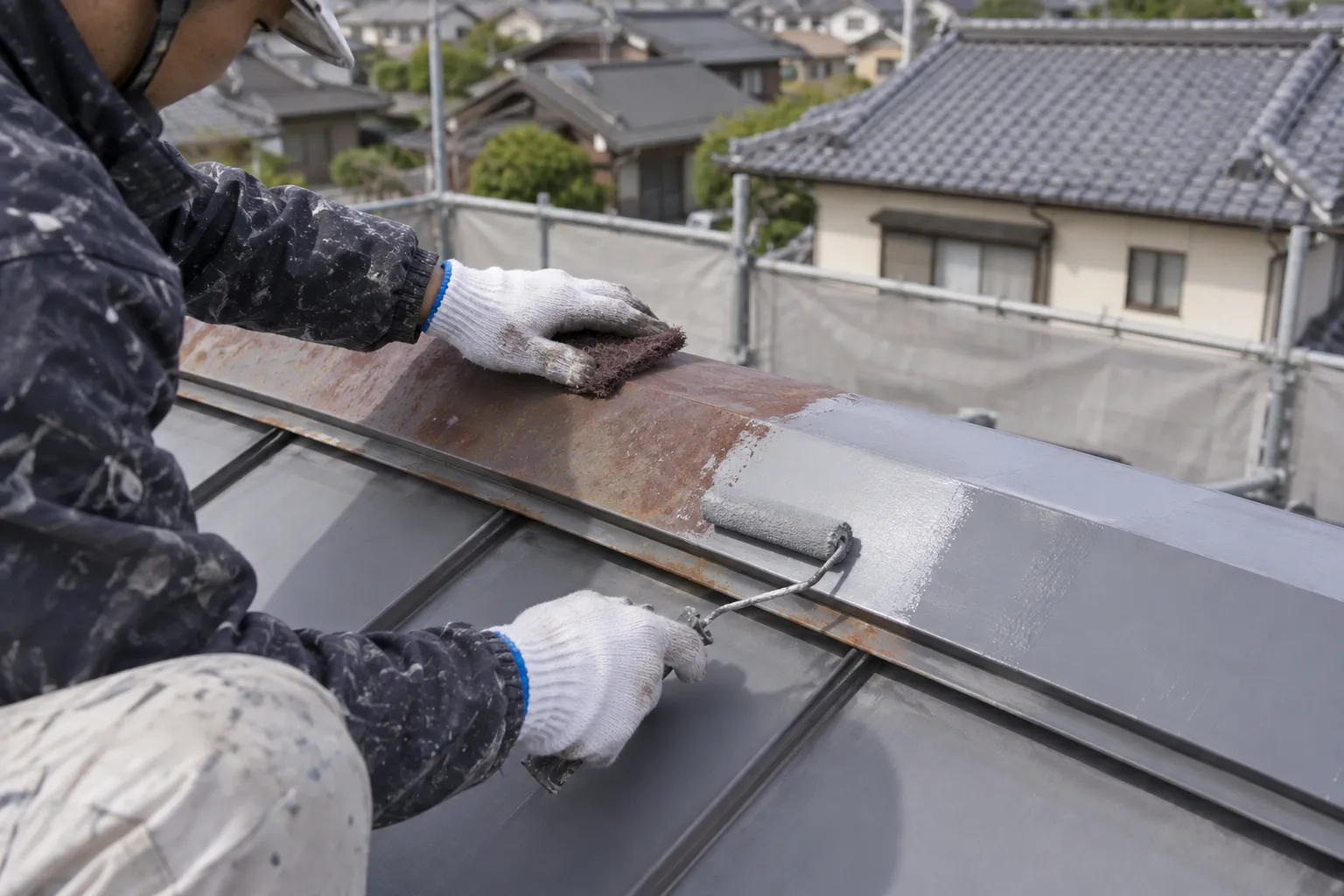 棟板金の錆を落として下塗りする作業員