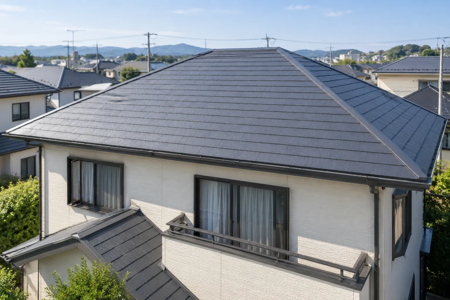 標準的な寄棟形状の塗装済みスレート屋根の住宅