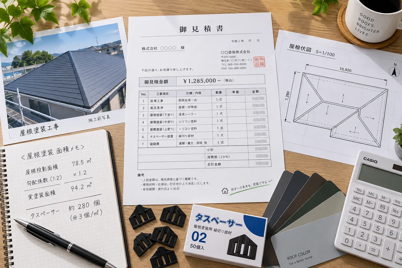 屋根塗装の見積書と屋根伏図、施工写真、色見本、タスペーサー