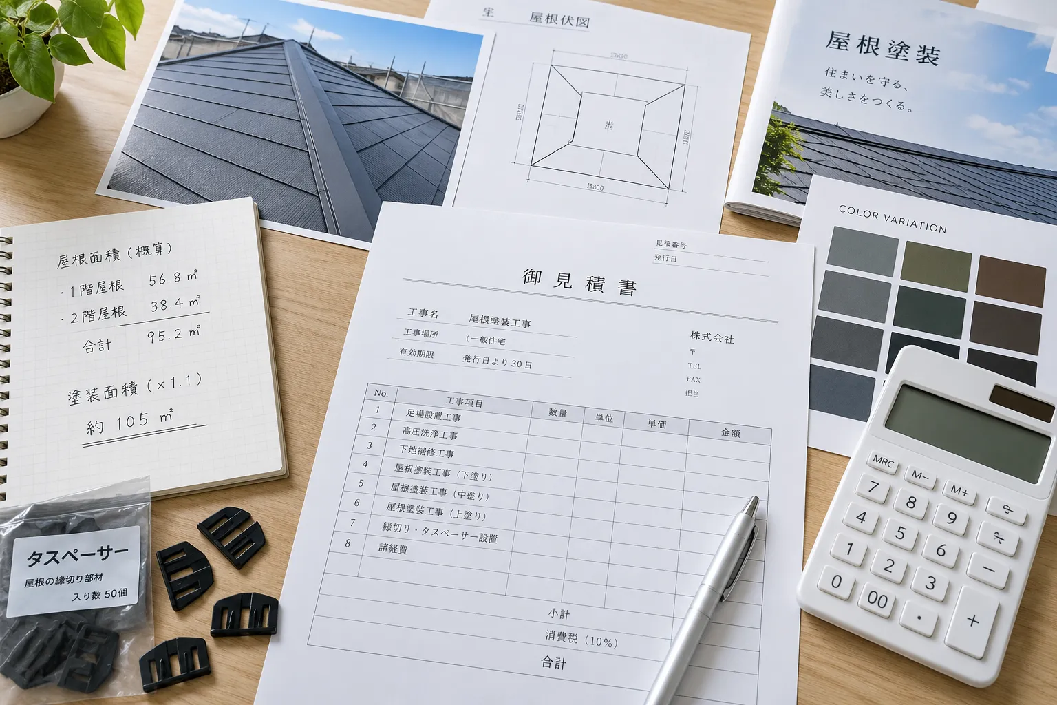 屋根塗装の見積書と屋根伏図、施工写真、色見本、タスペーサー